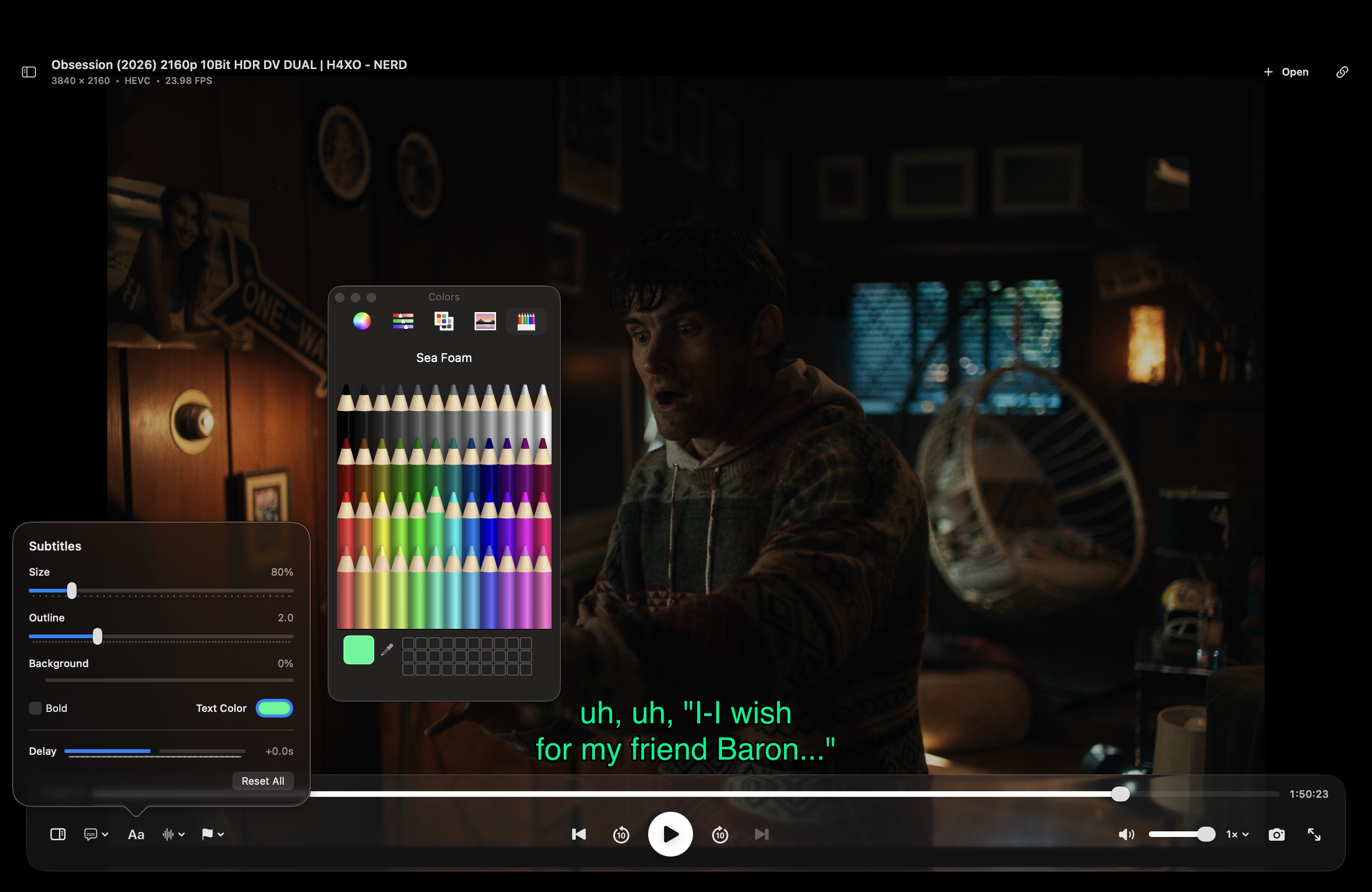 macmpv subtitle settings popover with size, outline, background, bold, text color, and delay controls
